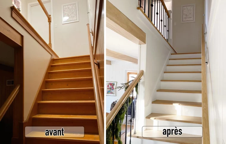 rajeunir un escalier en bois avant apres renovation contremarches blanches