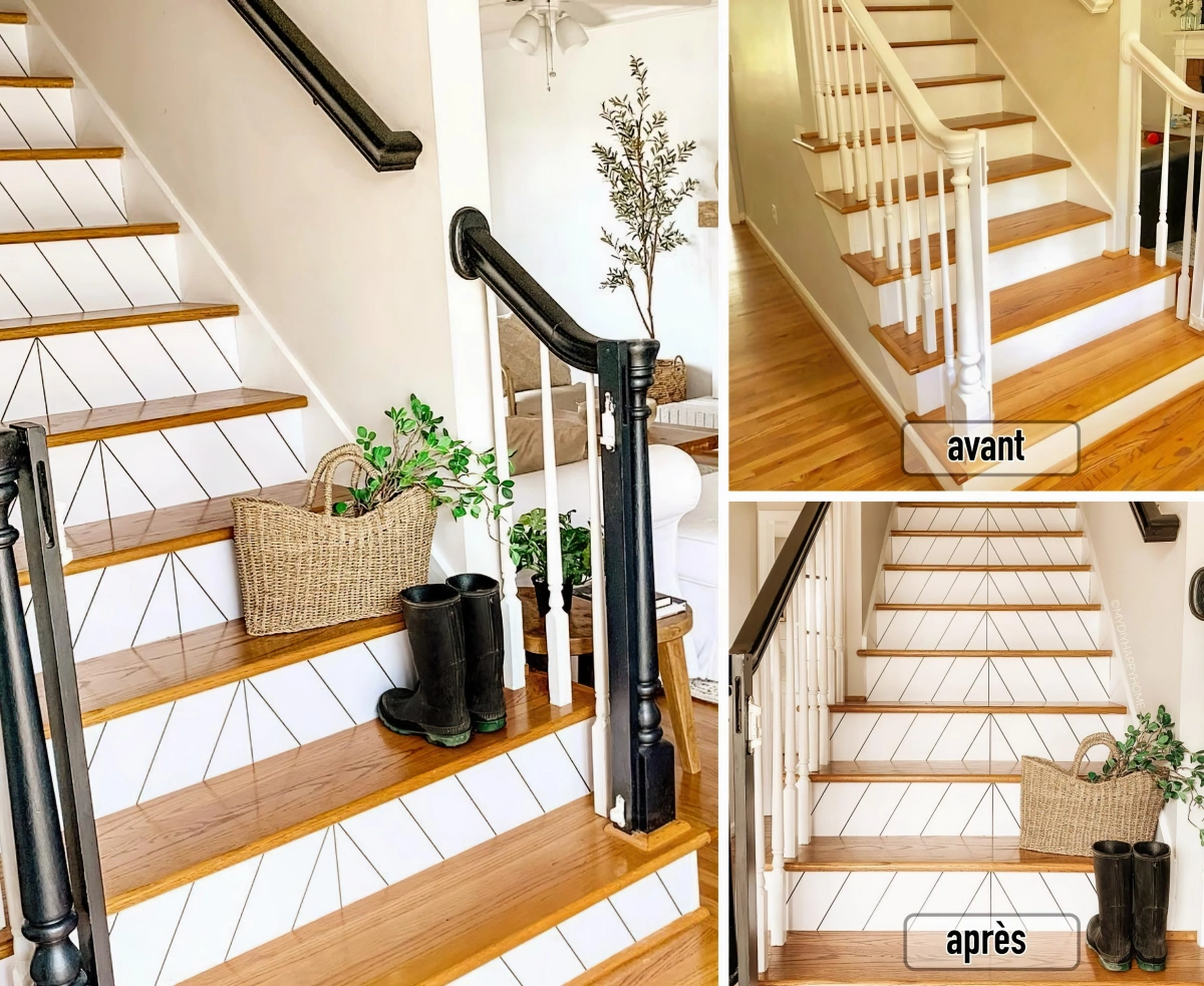 renovation escalier bois avant apres peinture motifs geometriques