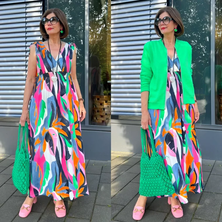 robe longue coloree veste et sav verts chaussures rose mode femme 50 ans