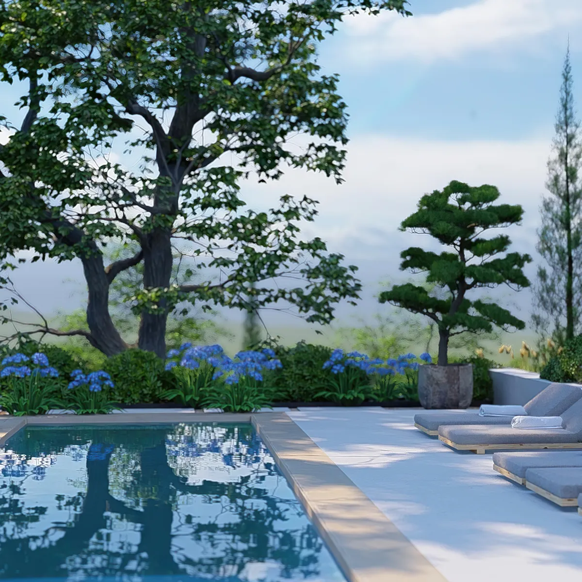 amenagement paysager autour d une piscine en blanc plantes fleuries