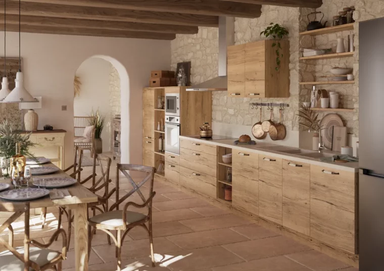 cuisine et salle a manger style rustique en bois et blanc casse
