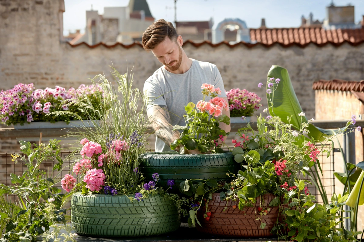 deco terrasse sur toit diy jardiniers en pneus recycles geraniums homme jardinage