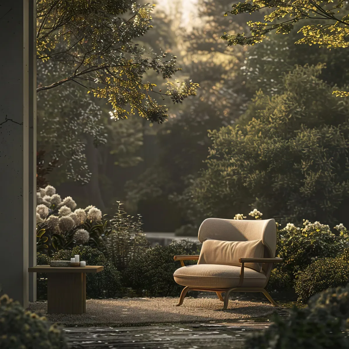 fauteuil blanc avec coussin table basse en bois dans le jardin