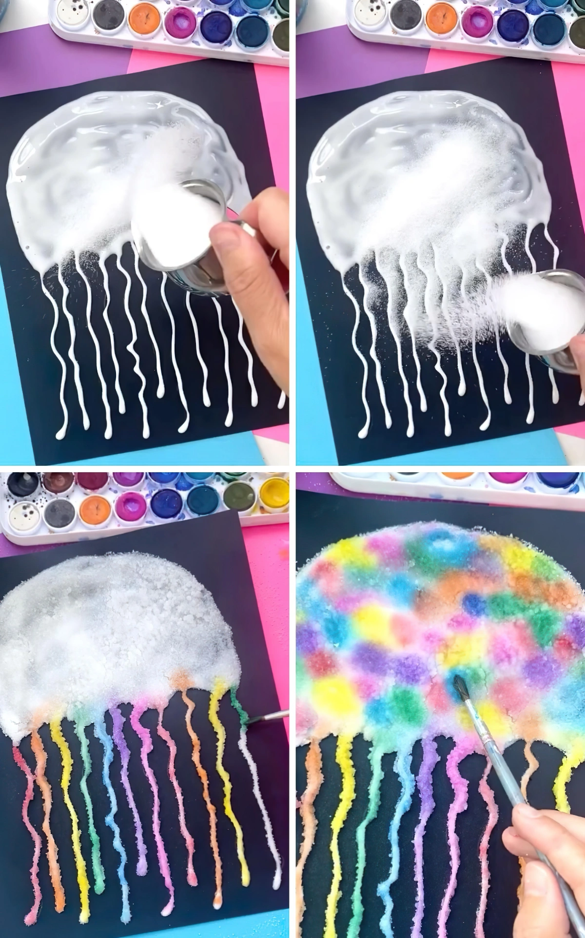 peinture avec du sel acrylique pinceau papier noir motif octopus