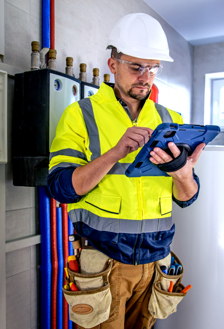 man, an electrical technician working in a switchboard with fuses, uses a tablet.
