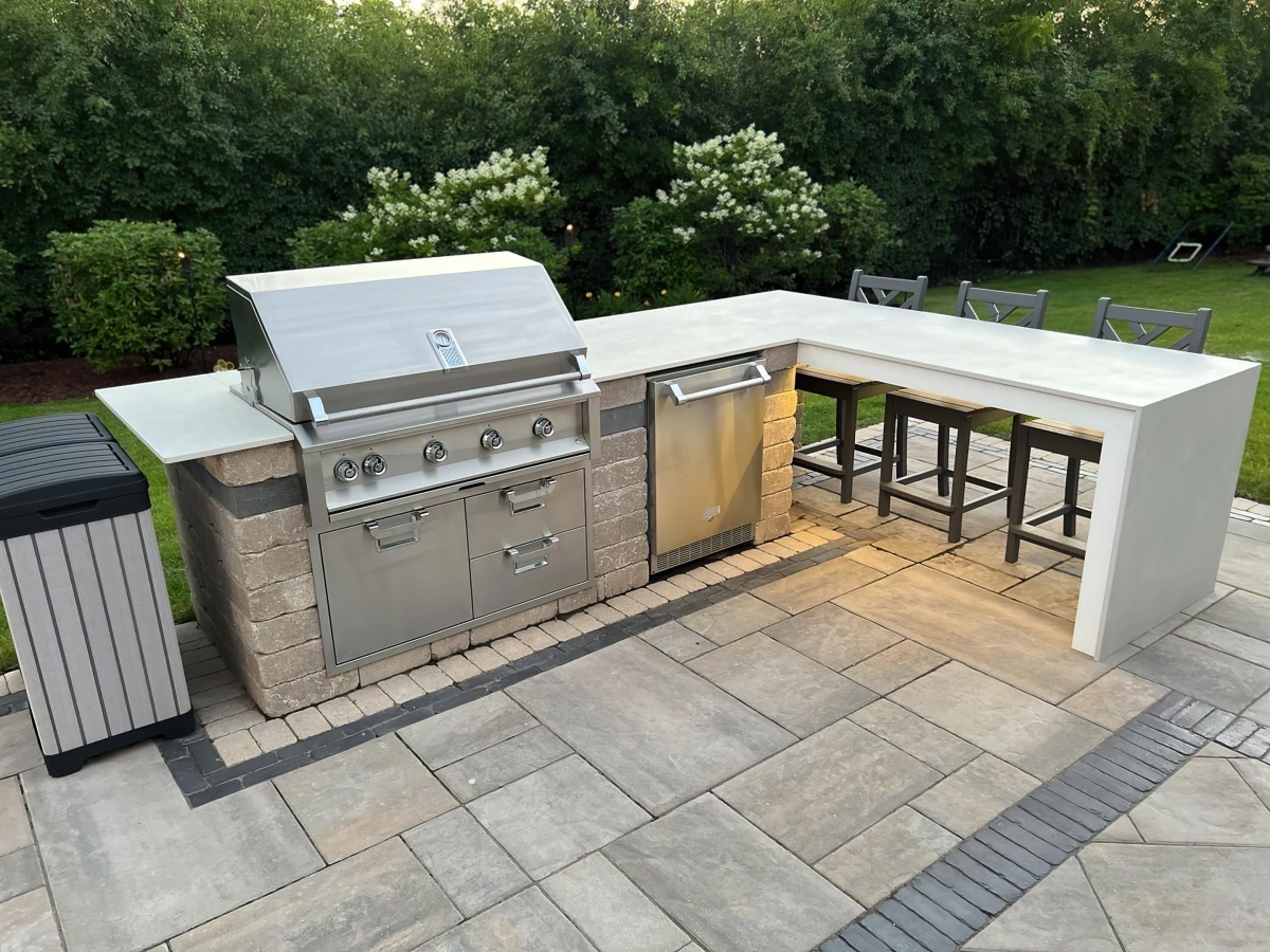 barbecue equipement inox cuisine en l avec bar ete jardin carrelage