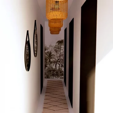 transformer couloir sombre long couloir ave luminaires suspendus en osier mirroirs ovales