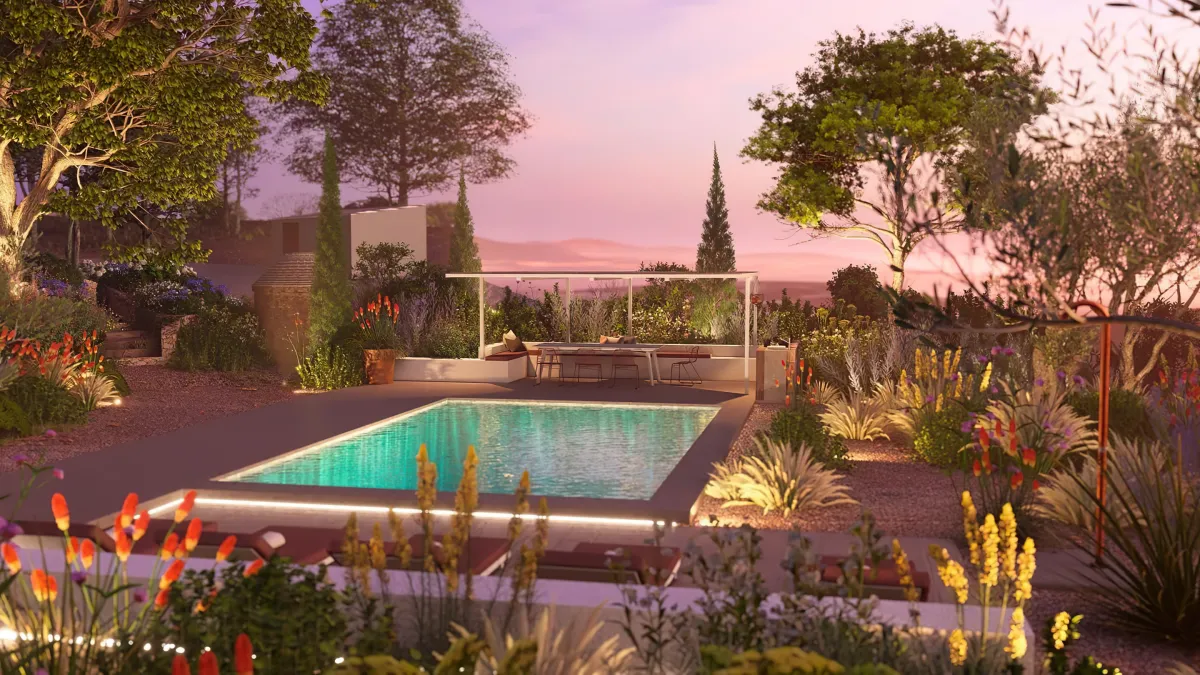vue sur un jardin avec piscine au coucher du soleil