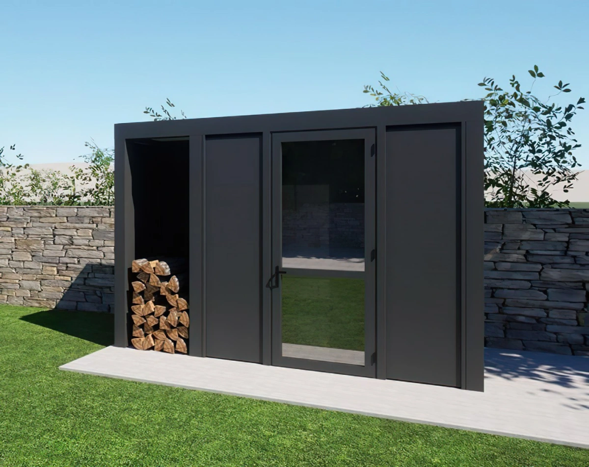 abri jardin en aluminium avec module stockage bois chauffage