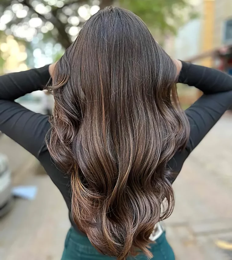 cheveux longs chocolat glace aux meches tres fines