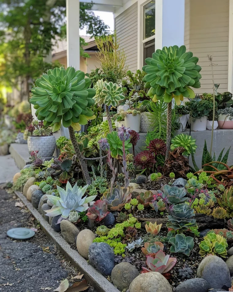 massif de plantes succulentes gravier cailloux structure jardin devant maison