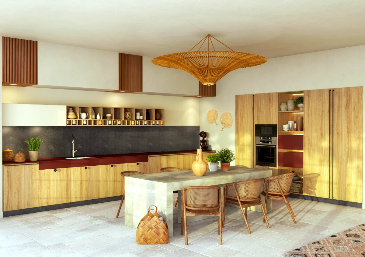 amenagement cuisine ouverte style boheme chic element en bois