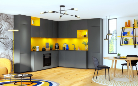 dée déco salon cuisine ouverte 30m2 couleurs jaune et gris