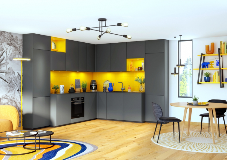 dée déco salon cuisine ouverte 30m2 couleurs jaune et gris