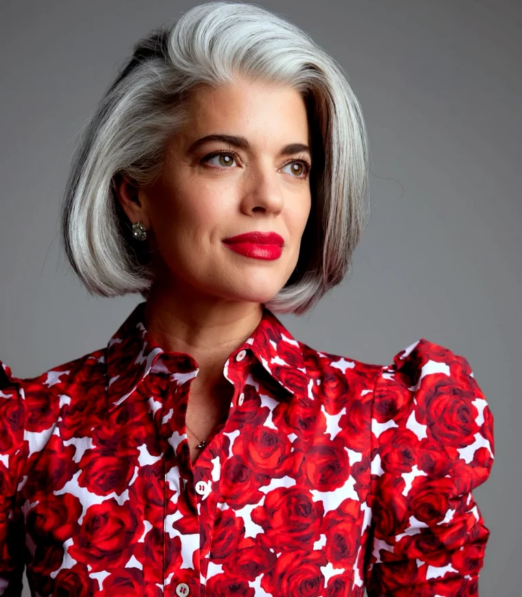 idee de coiffure pour femme 60 ans cheveux gris femme top rouge