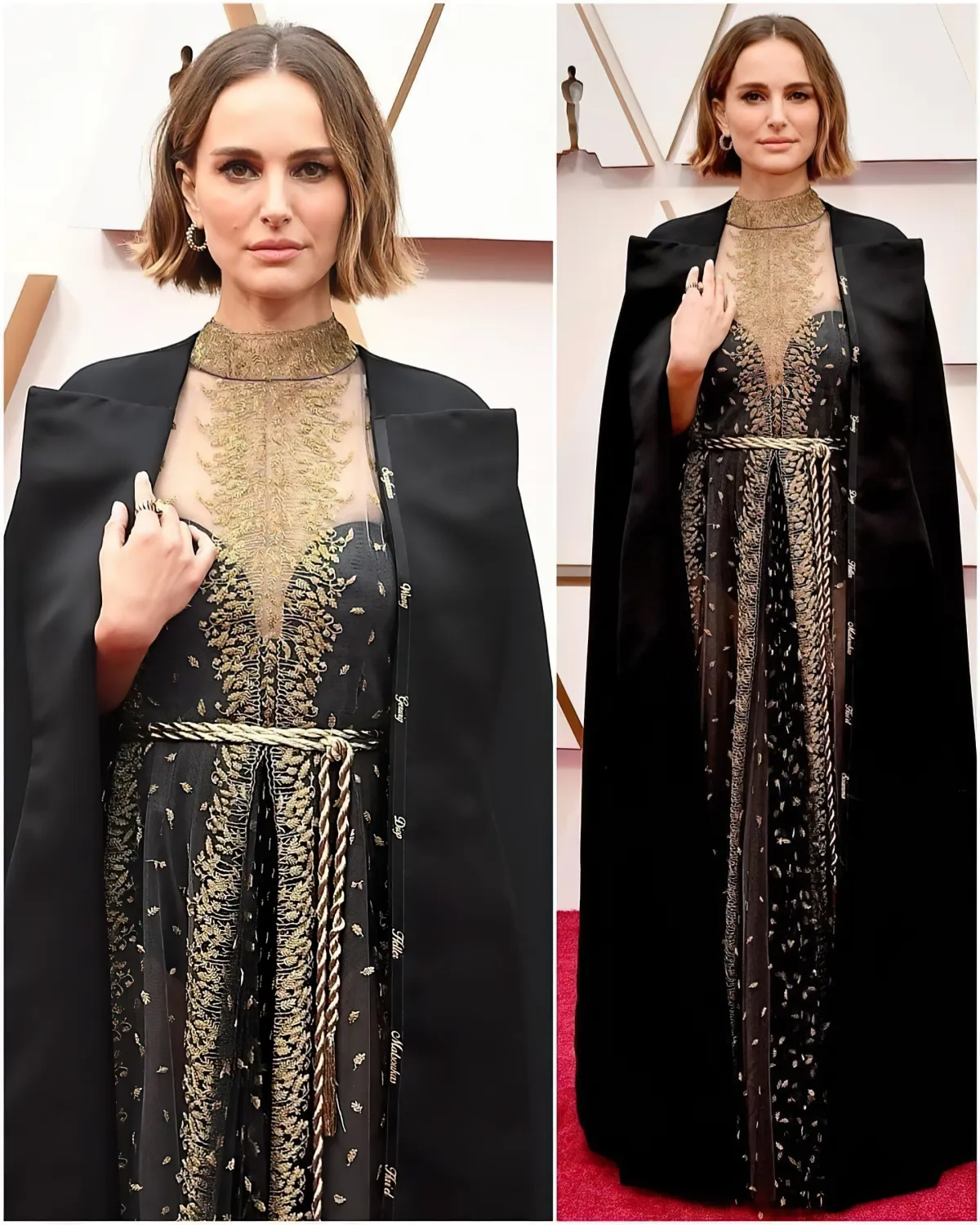 natalie portman tenue pour tapis rouge en noir et dore