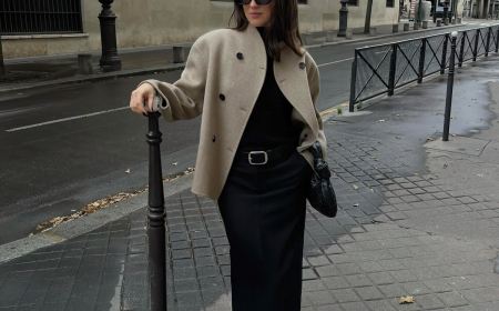 outfit jupe longue noire ceinture manteau court gris beige