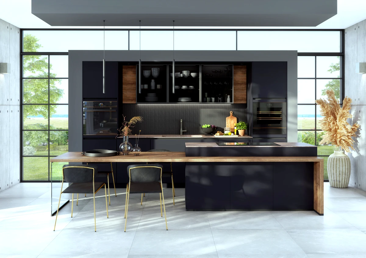 petite cuisine ouverte sur séjour style contemporain couleurs noirs