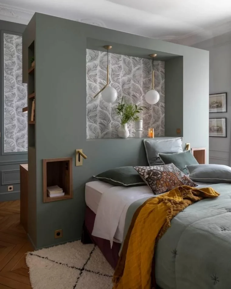 chambre a coucher moderne en vert gris avec cloture