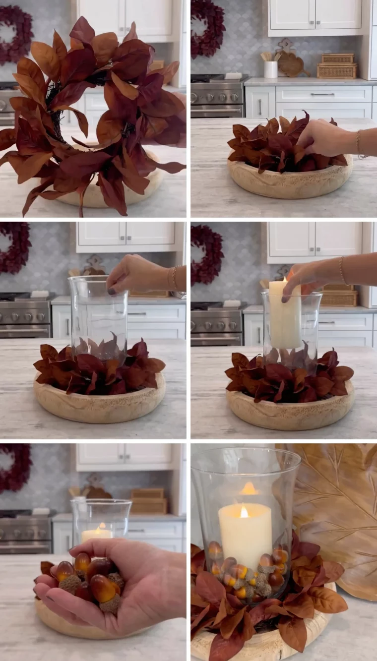 diy centre plateau bois glands couronne feuilles marron sechees