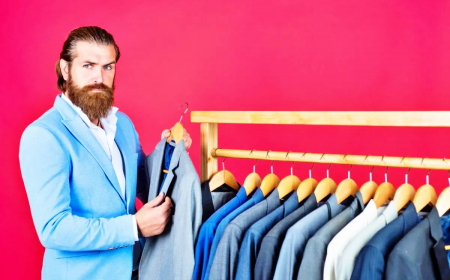 homme avec barbe qui choisi des veste costume