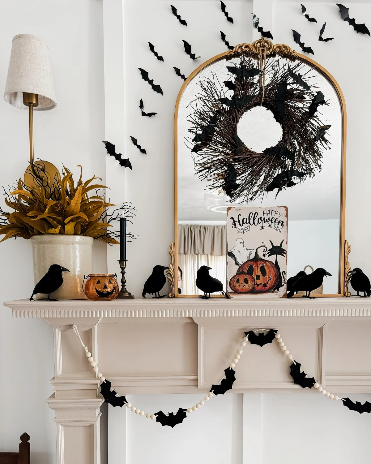 idees de deco halloween couronne branche sechee chauves souris papier