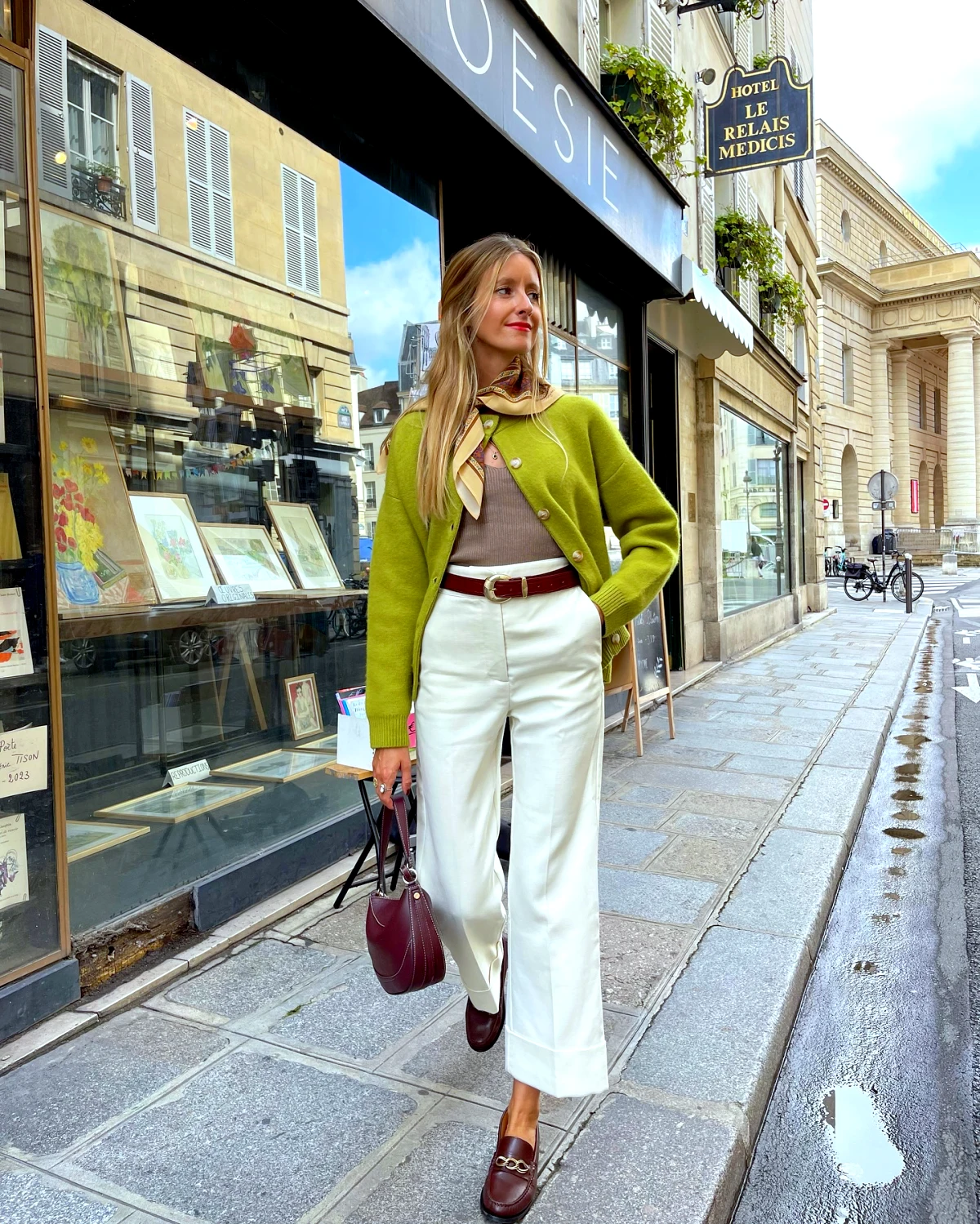 look d'automne bohme chic femme pantalon bmanc top vert