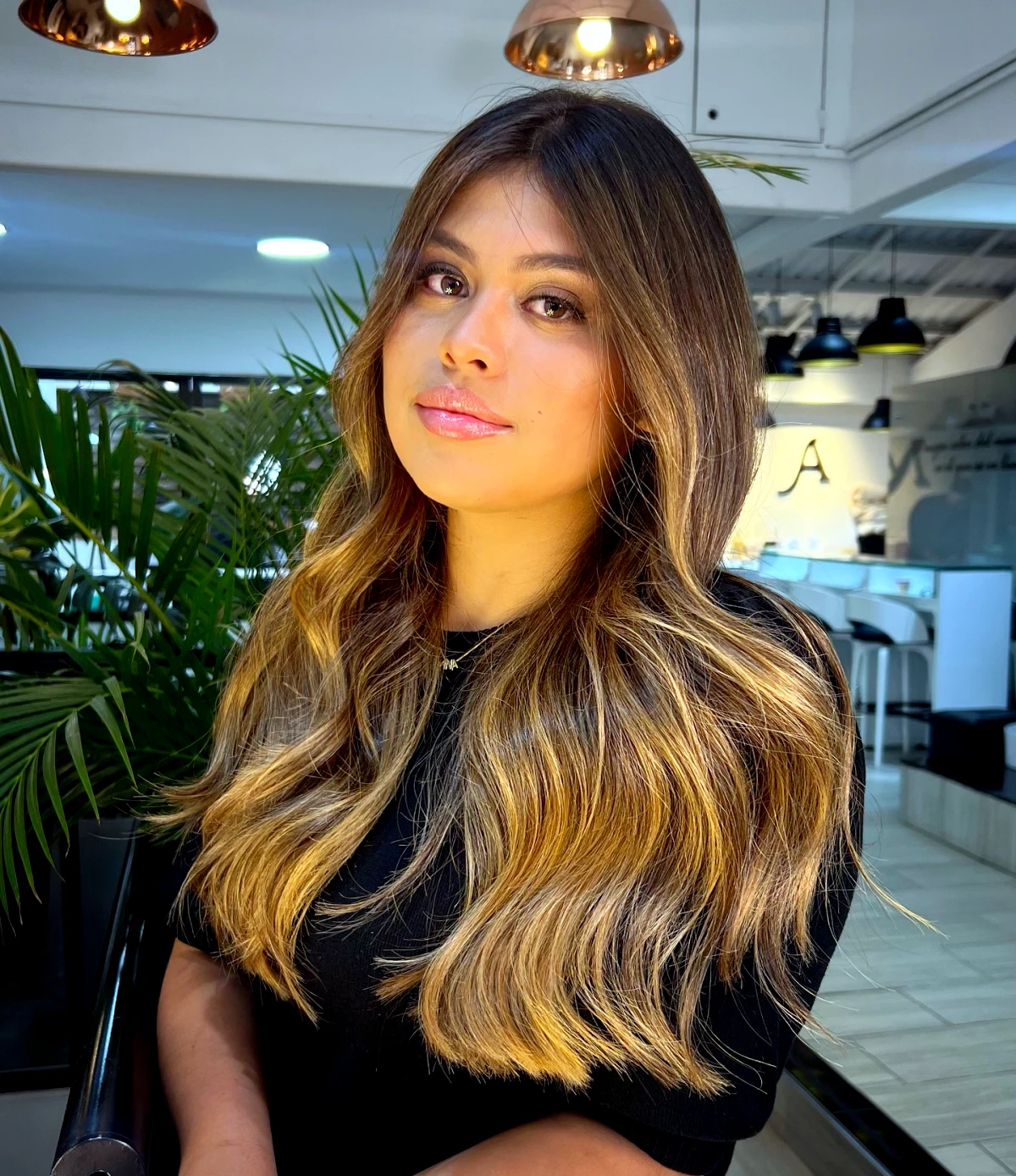 photo de balayage miel sur cheveux chatain femme cheveux longs