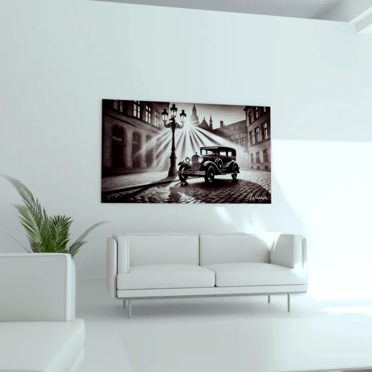 tableau noir et bmanc vinatge ancienne voiture canape blanc