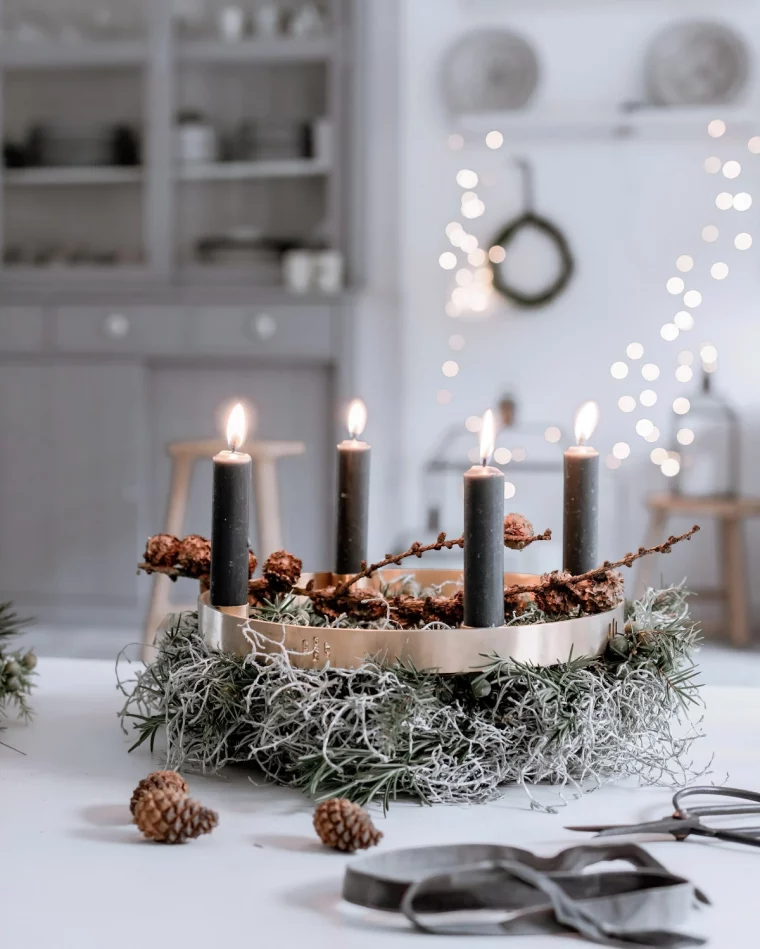 bougies noires plateau support branches couronne de noel fait maison