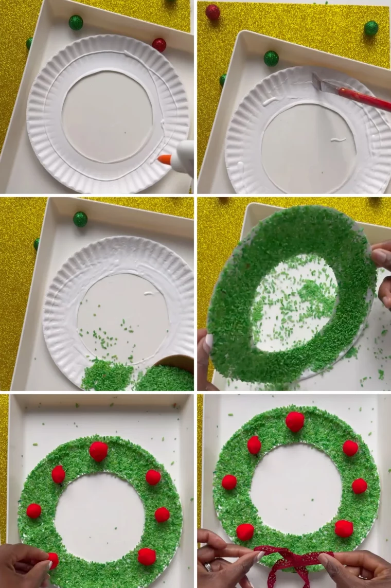 bricolage couronne de noel maternelle assiette carton riz colore