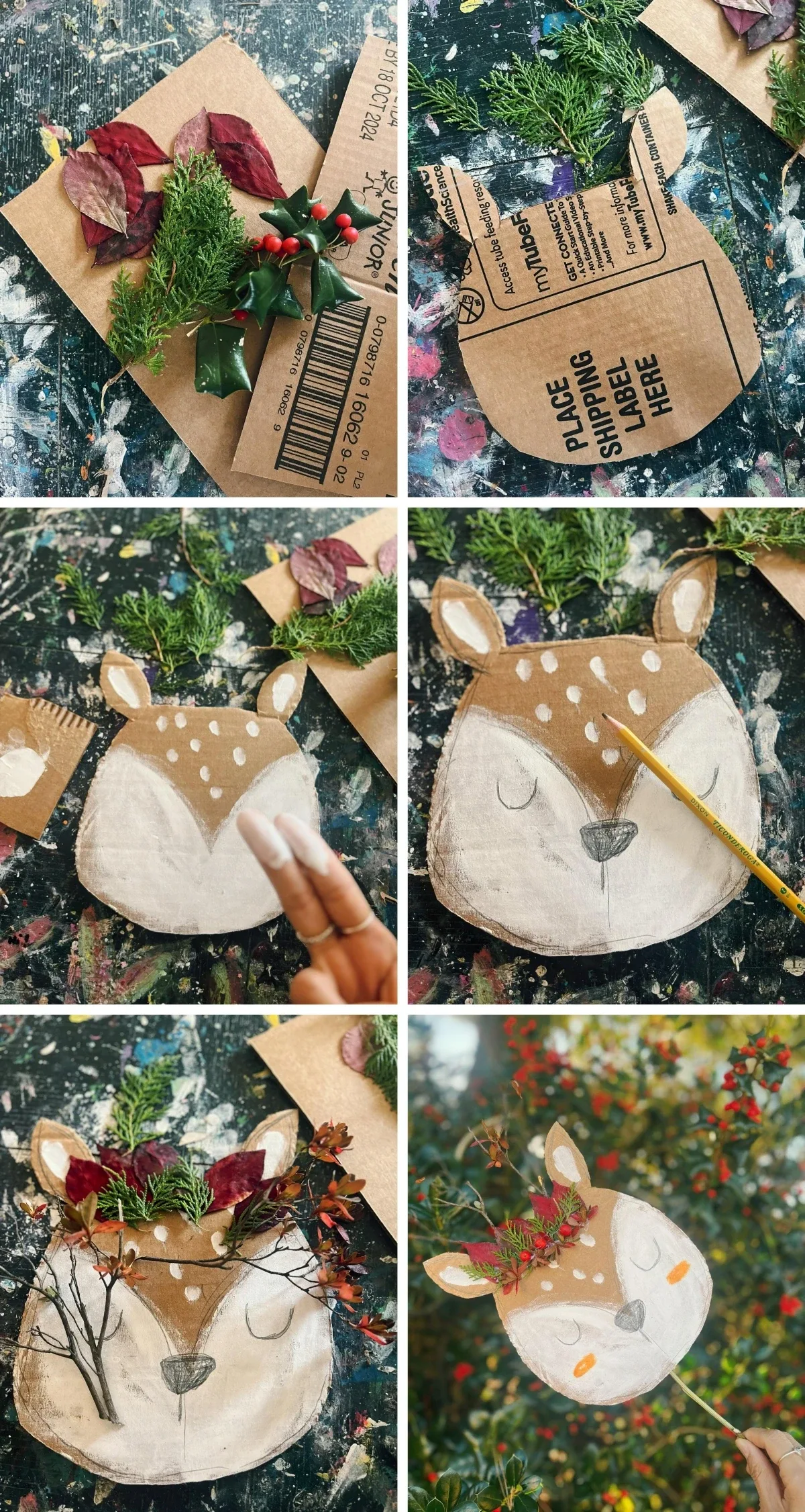 diy animal renard noel peinture acrylique carton houx branche verte