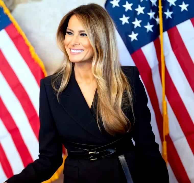 melania trump en tenue noire sur le fond du drapeau americain