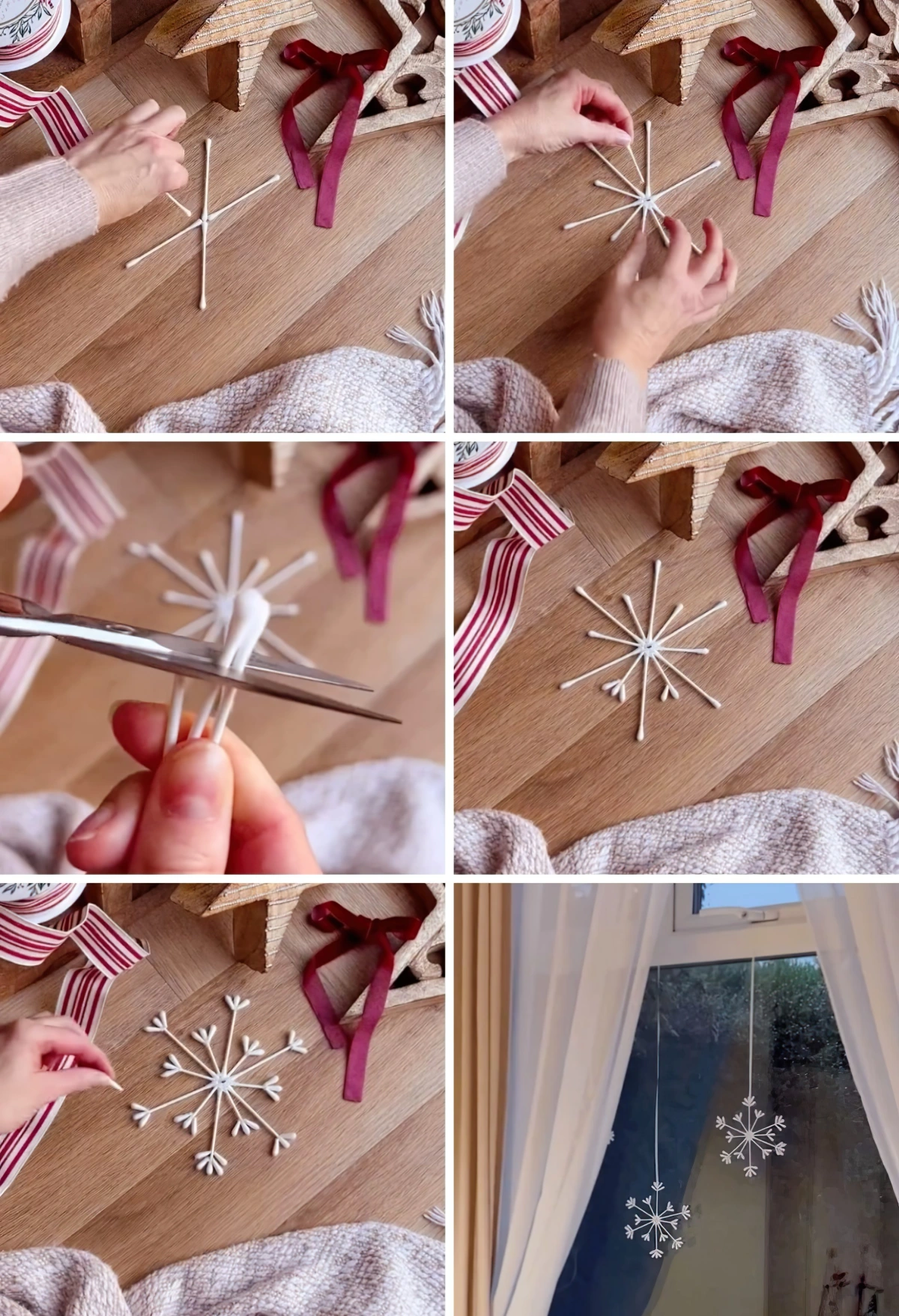 tuto deco noel diy flocon de neige en coton tige colle chaude rubans