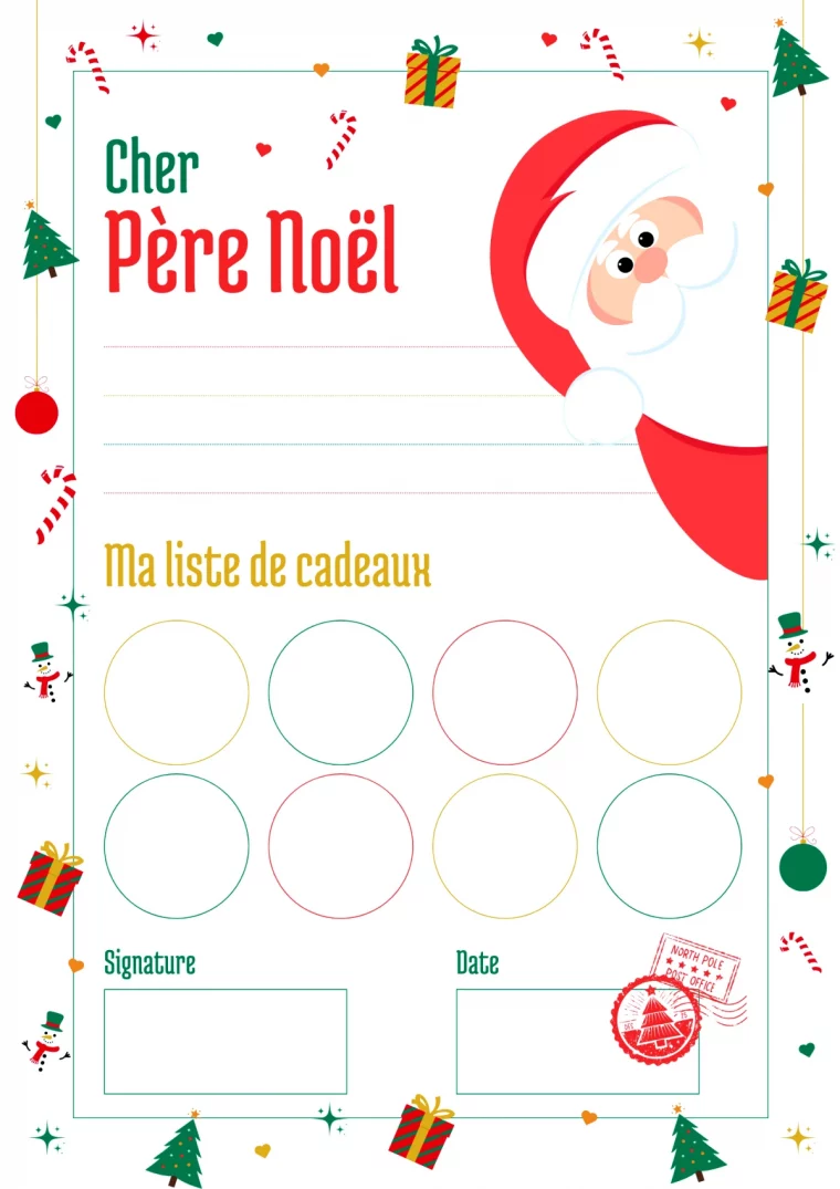 liste au père noël illustration vert or et rouge document a4