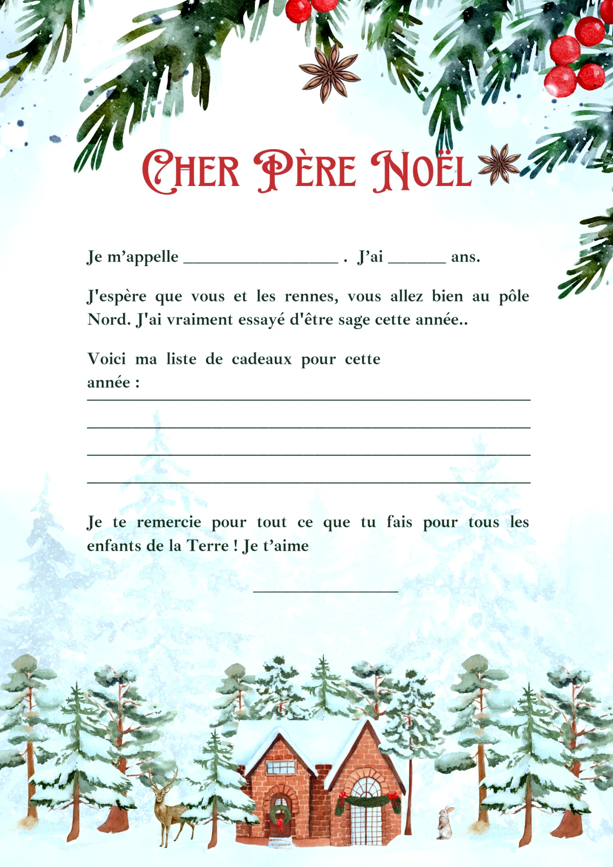 modèle de lettre au père noël à télécharger