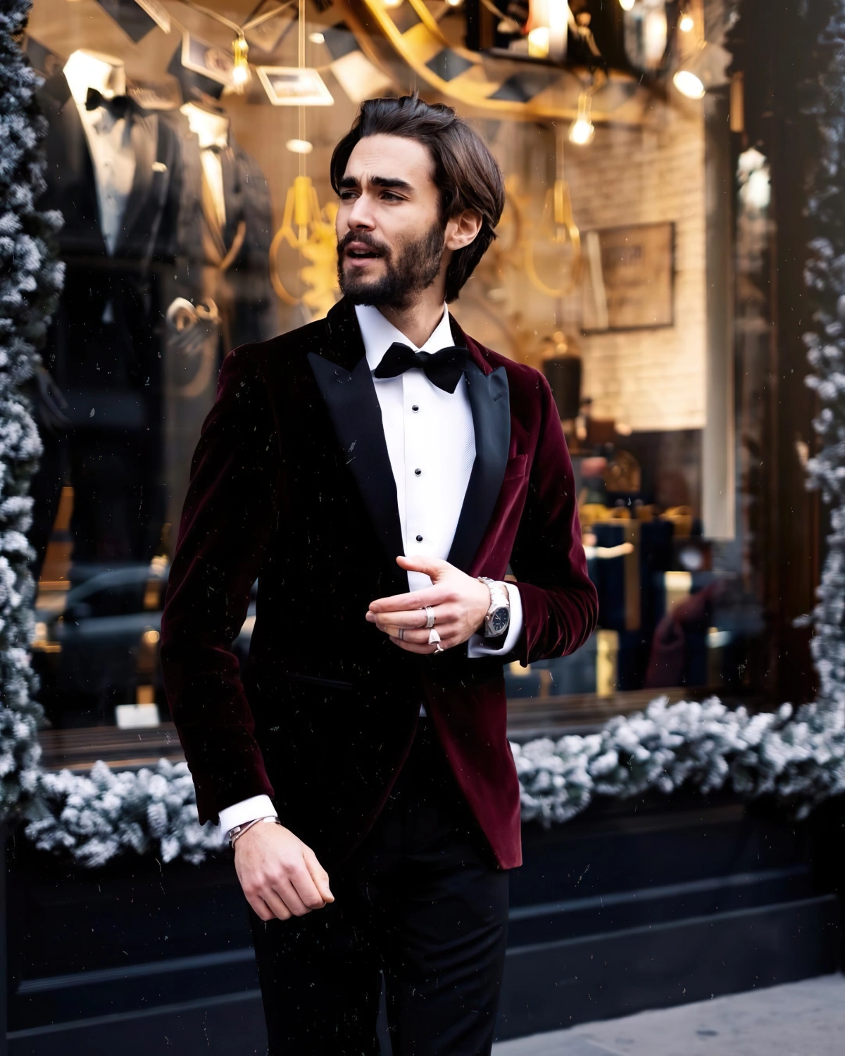 blazer velours bordeaux et noir chemise blanche tenue nouvel an