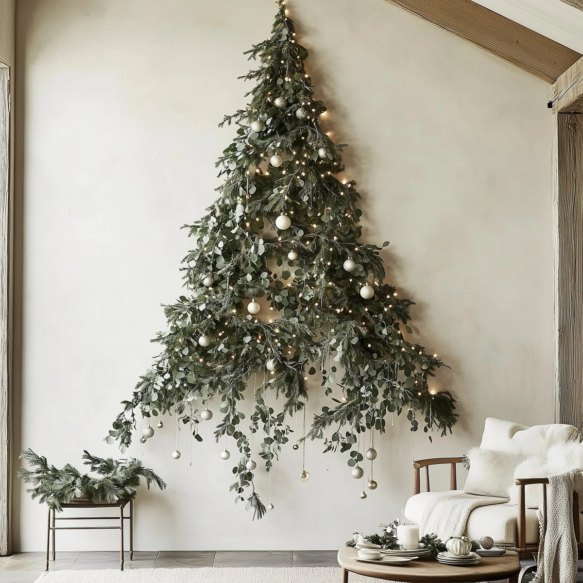 branches eucalyptus forme de sapin de noel mural boules blanches