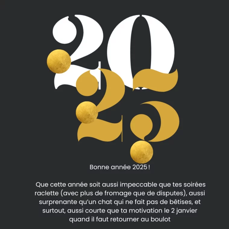 noir et dore carte de voeux nouvel an message humour 2025