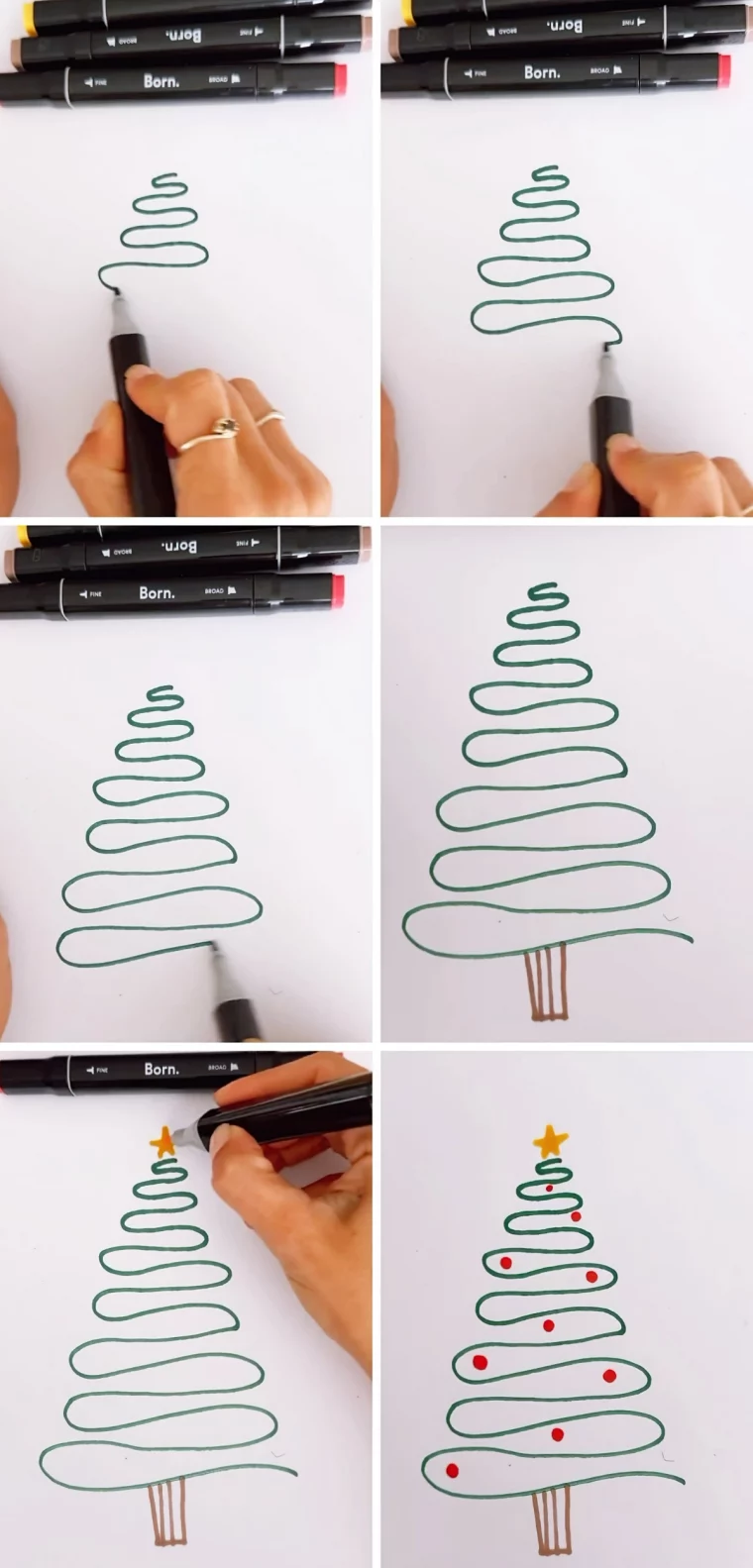 technique dessin arbre de noel facile ruban sinueux etoiles boules rouges