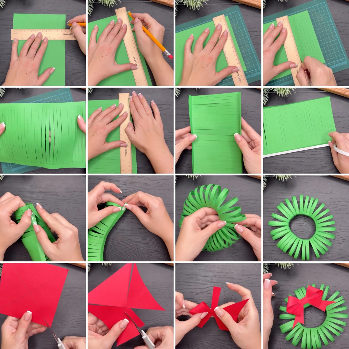 tuto deco noel origami couronne verte papier colore regle crayon