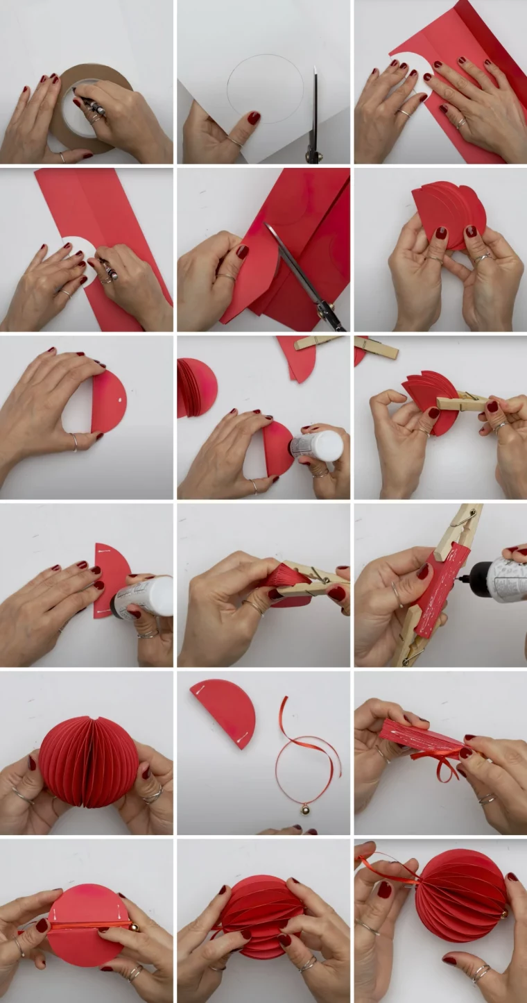 tutoriel boule de noel origami deco noel papier colore rouge cloche