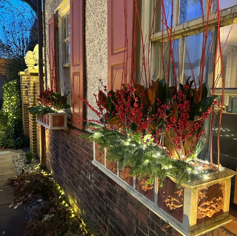 volets rouges fenetre jardiniere bois guirlande lumineuse baies rouges bouquets