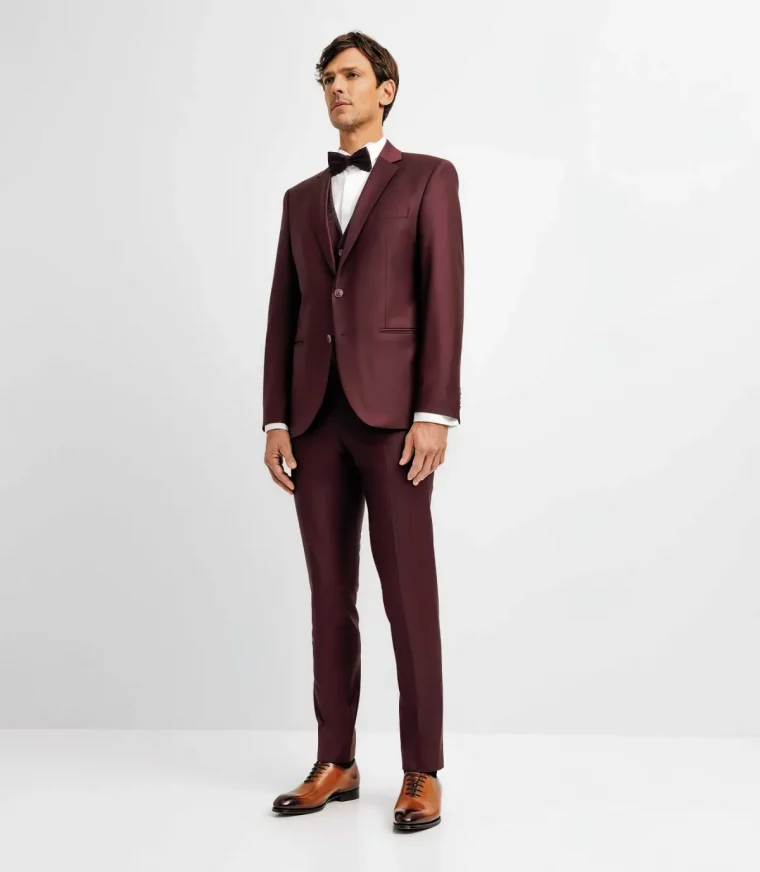 costume homme trois pieces couleur rouge violet papillon noeud