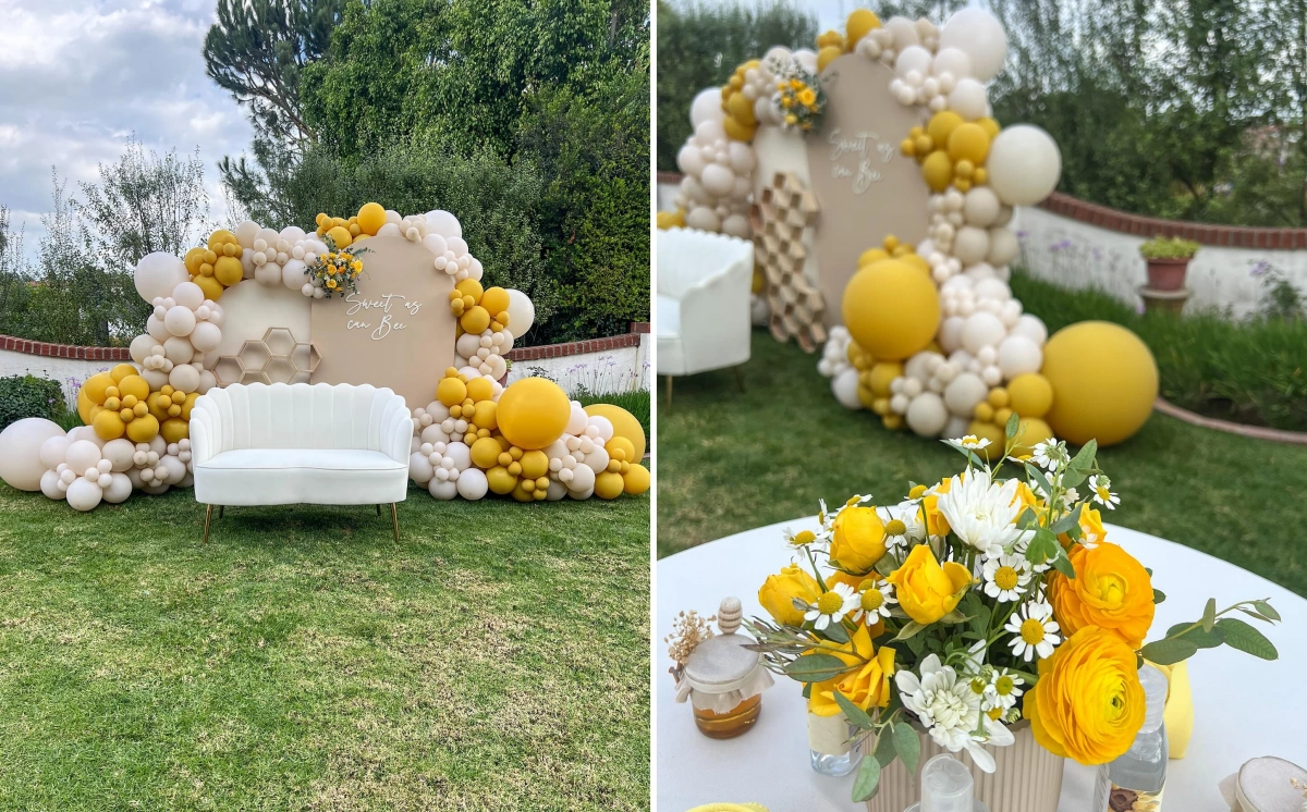 deco baby shower sur theme abeille ballons jaune et creme table fleurs