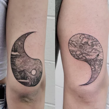 dessin yin yang tattoo frere et soeur tatouage bras paysage nature