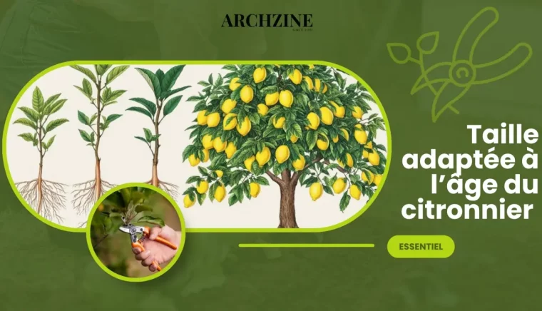 etapes vie arbre taille citronnier outils de jardinage fond arriere vert