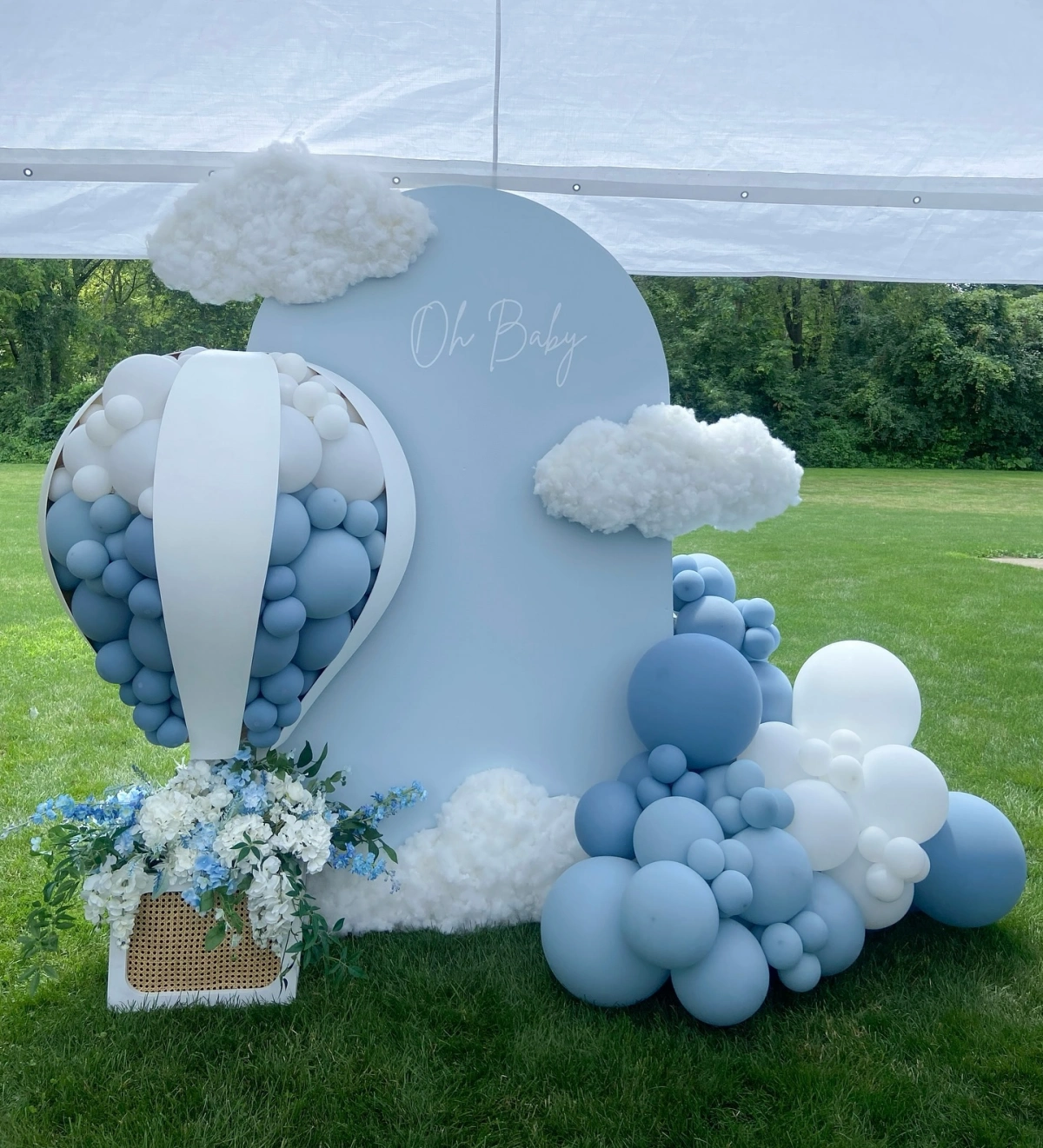 photobooth tableau bleu nuages baby shower garcon mongolfiere deco