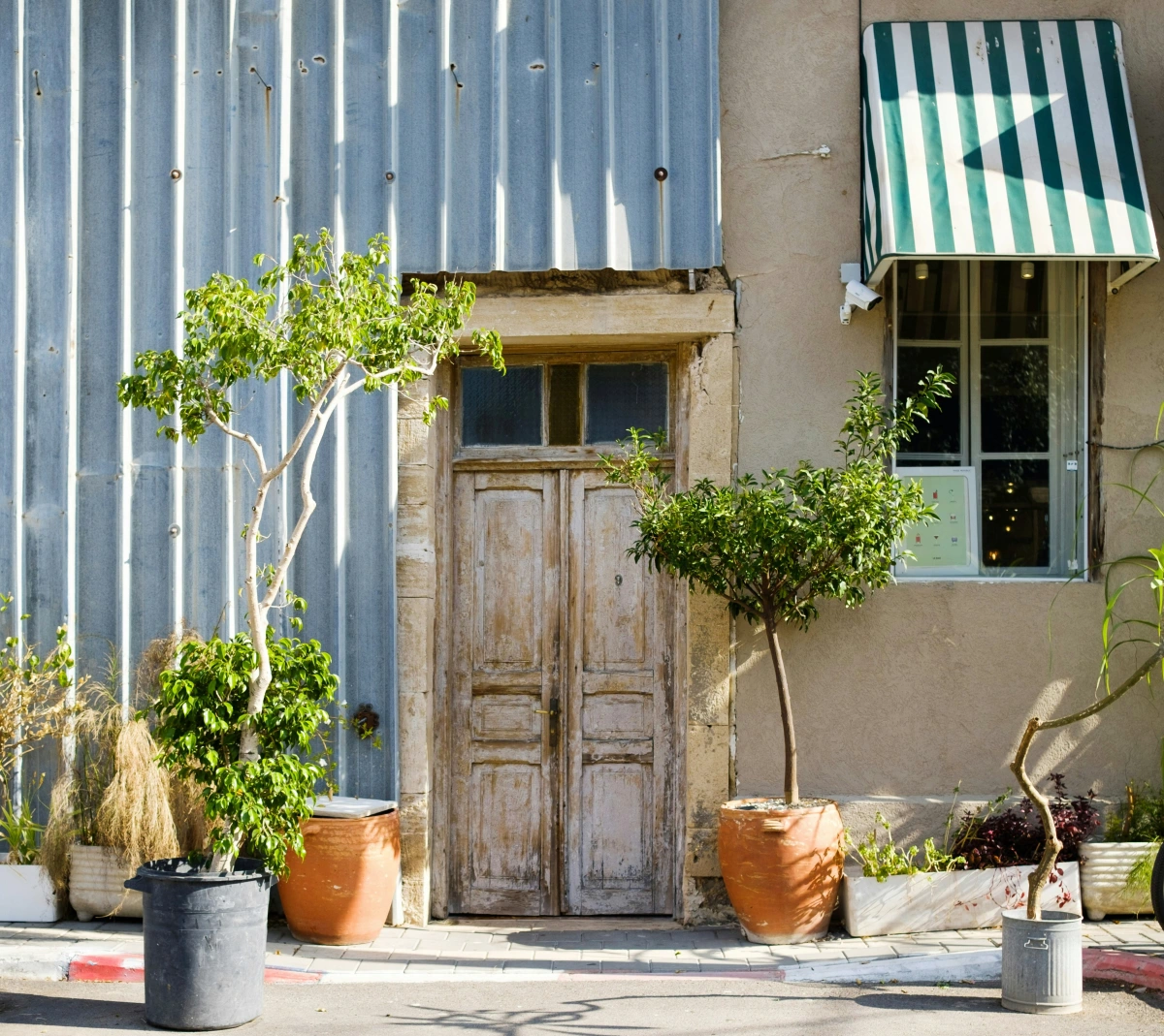 porte bois fenetre stores rayures blanc vert arbres pots terre cuite