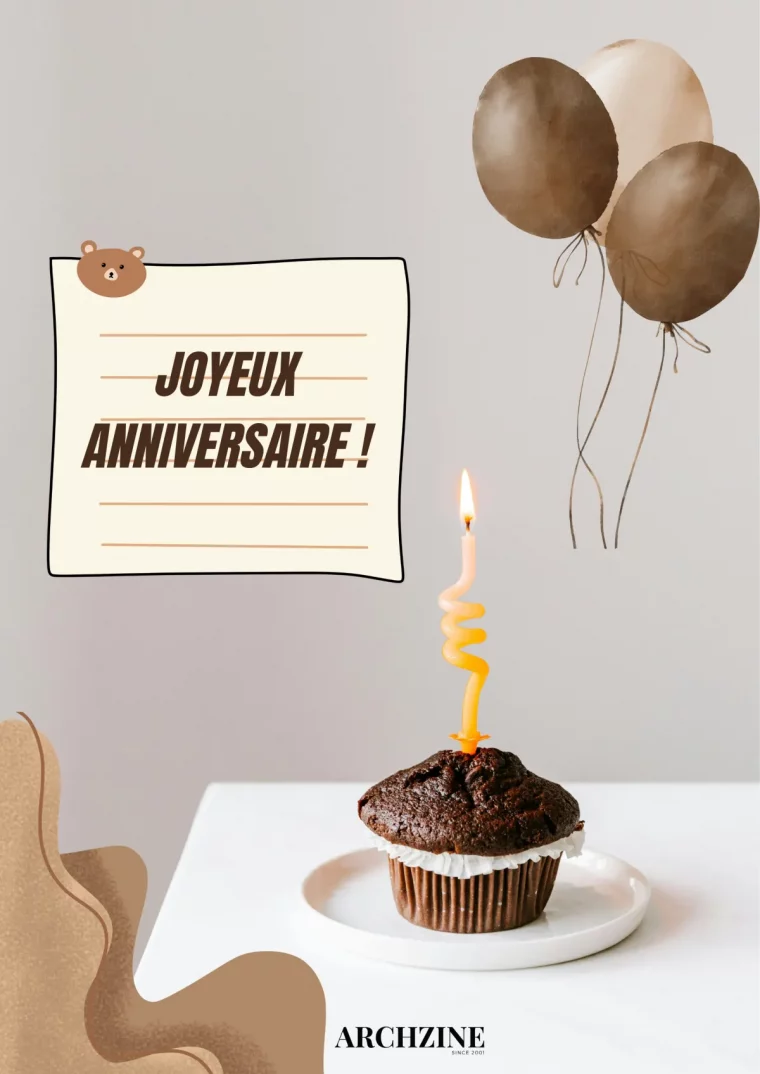 souhaiter un joyeux anniversaire carte photo muffin chocolat bougie ballons illustration